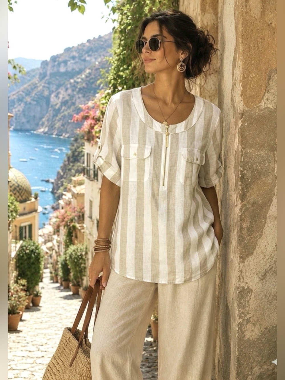 ELLEN TRACY LINEN BOXY TOP 0X/1X STRIPED GOLD HARDWARE ROLL TAB COASTAL PREPPY